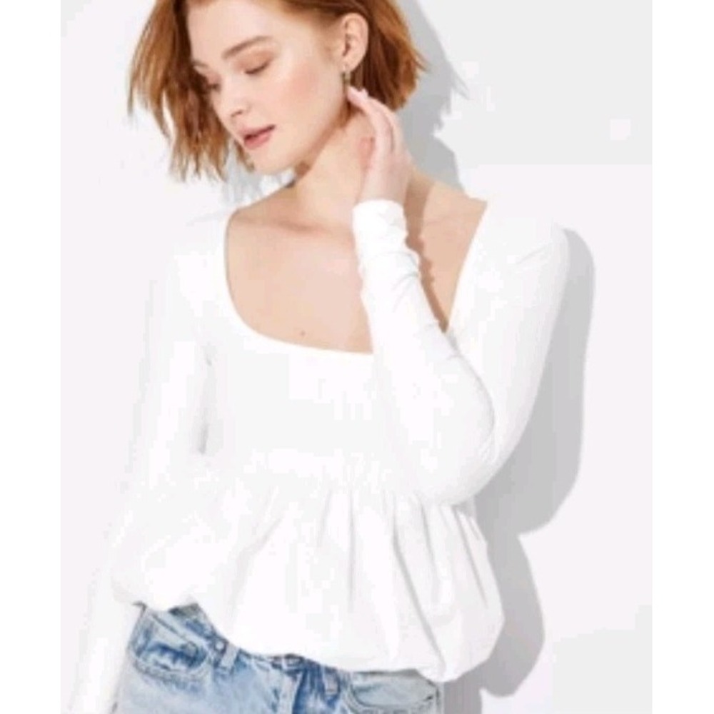 Wild‎ Fable Women's Size XS Long Sleeve Square Neck Bubble Top White NWT
